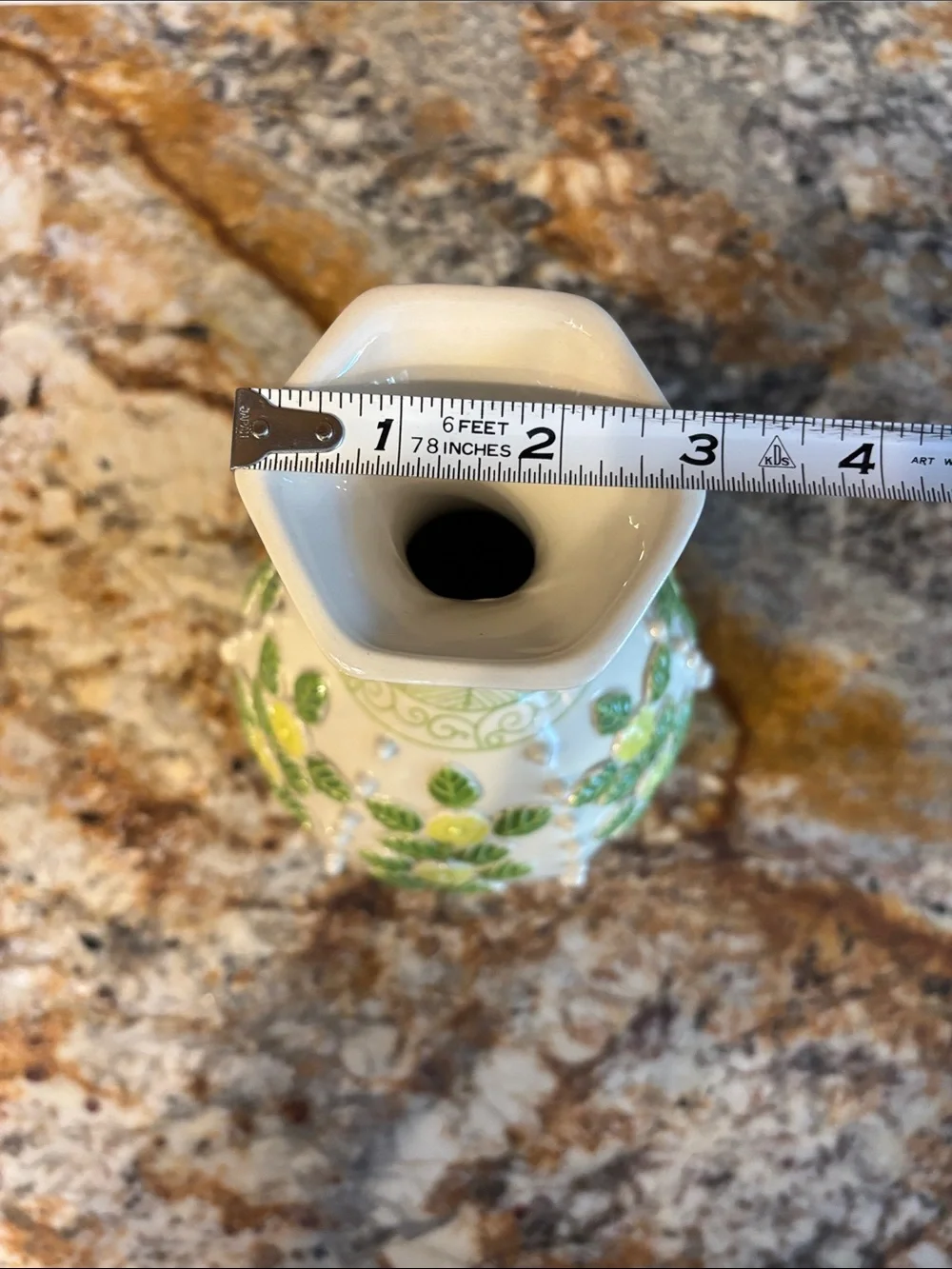 Anthropologie Ceramic Vase with Green Leaf and Yellow Flower Relief